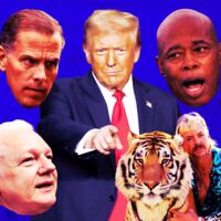 An animated GIF of Donald Trump, Eric Adams, Hunter Biden, Julien Assange, and Joe Exotic.