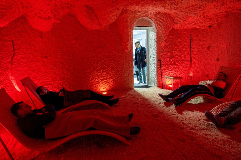 A salt therapy room in a rehabilitation centre for Ukrainian war veterans seems very much Harry's terrain.