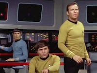 Walter Koenig as Pavel Chekov and William Shatner as Captain James T. Kirk in "Star Trek"