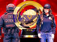 A photo illustration of Homeland Security Secretary Kristi Noem, the 2025 World Cup Trophy, and ICE agent, and a soccer stadium background.