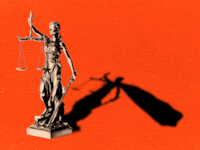 Lady Justice with a shadow animated looking like she is wearing a super hero cape blowing in the wind