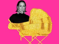 A photo illustration showing Maya Rudolph in a golden nepo-baby stroller.