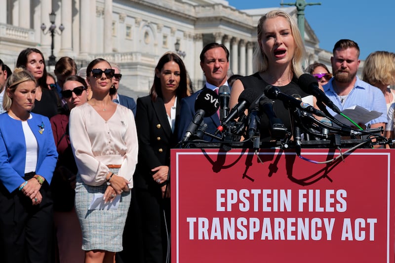 WASHINGTON, DC - SEPTEMBER 03: Survivor Anouska De Georgiou speaks during a news conference with alleged victims of disgraced financier and sex trafficker Jeffrey Epstein outside the U.S. Capitol on September 03, 2025 in Washington, DC. Massie and Khanna have introduced the Epstein List Transparency Act to force the federal government to release all unclassified records from the cases of Epstein and his associate, Ghislaine Maxwell. (Photo by Chip Somodevilla/Getty Images)