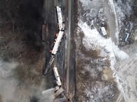 An aerial image of the derailed train in East Palestine, Ohio.