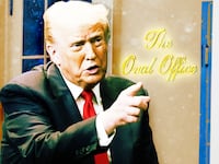 Donald Trump and the new Oval Office sign at the White House.
