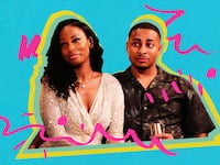 A photo illustration showing Brian and Lisa of The Ultimatum smiling in front of a brightly colored background.