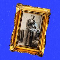 A photo illustration of a portrait of Harriet Tubman in a vintage broken picture frame.