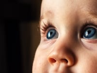 "The bright blue eyes of a nine month old girl."