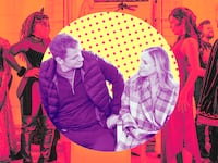 A photo composite of "Peter Hermann and Sarah Jessica Parker during season 2 episode 5 of 'And Just Like That'.
