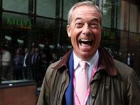Nigel Farage, former member of the European Parliament reacts as he arrives at Britain’s Conservative Party’s annual conference in Manchester, Britain, October 2, 2023.