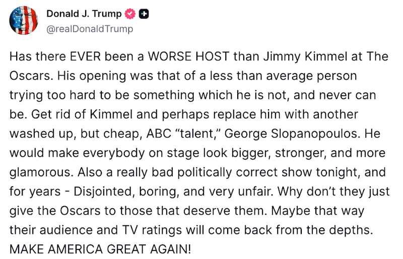 Trump Truth Social post about Kimmel at the Oscars