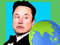 A photo illustration showing Elon Musk glancing over at a rotating globe.