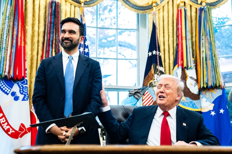 WASHINGTON, DC November 21: US President Donald Trump and Mayor-Elect of New York City Zohran Mamdani during a meeting in the Oval Office of the White House on Friday November 21, 2025. (Photo by Demetrius Freeman/The Washington Post via Getty Images)