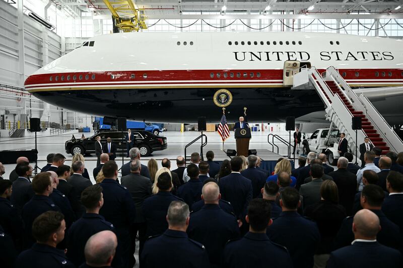 US President Donald Trump speaks in front of the new Air Force One in a hangar at Joint Base Andrews in Maryland on June 19, 2026.