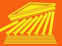An illustration including knocked over supreme court columns