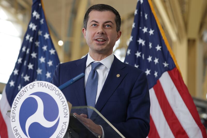 ARLINGTON, VIRGINIA - NOVEMBER 21: U.S. Secretary of Transportation Pete Buttigieg speaks to questions during a news conference at Ronald Reagan Washington National Airport November 21, 2024 in Arlington, Virginia. Transportation officials held news conference to discuss the busy Thanksgiving Air Travel. (Photo by Alex Wong/Getty Images)