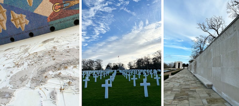 A triptych of photos from Cambridge American Cemetry and Memorial