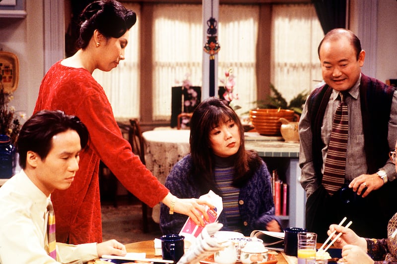 UNITED STATES - JANUARY 11: ALL-AMERICAN GIRL - "The Apartment" - 1/11/95, Margaret (Margaret Cho, center) needed privacy away from Stuart (B.D. Wong), Katherine (Jodi Long) and Benny (Clyde Kusatsu)., (Photo by ABC Photo Archives/Disney General Entertainment Content via Getty Images)