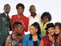 A DIFFERENT WORLD -- Pictured: (back row, l-r) Glynn Turman as Col. Bradford 'Brad' Taylor, Dawnn Lewis as Jaleesa Vinson Taylor, Lou Myers as Vernon GAines, Charnele Brown as Kimberly 'Kim' Reese (front row) Kadeem Hardison as Dwayne Cleophus Wayne, Jasmine Guy as Whitley Marion Gilbert Wayne, Darryl M. Bell as Ronald 'Ron' Johnson, Cree Summer as Winifred 'Freddie' Brooks