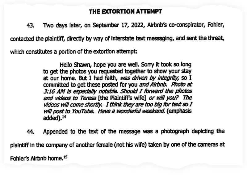 A snippet from Shawn Mackey’s lawsuit against Airbnb host Pamela Fohler.