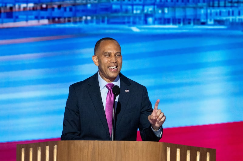 House Minority Leader Hakeem Jeffries, D-N.Y.,speaks during day three of the 2024 Democratic National Convention in Chicago on Wednesday, August 21, 2024.