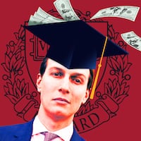 A photo illustration of Jared Kushner and Harvard logo.