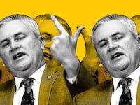 A photo illustration of James Comer pointing two ways.