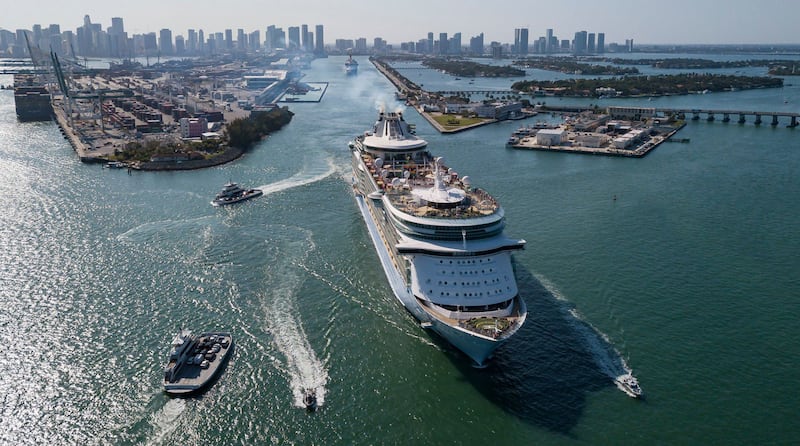 A Royal Caribbean ship leaves PortMiami on Friday, April 12, 2024.
