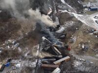 Drone footage shows the freight train derailment in East Palestine, Ohio, Feb. 6, 2023, in this screengrab obtained from a handout video released by the NTSB.