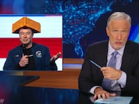 Jon Stewart roasting Elon Musk's cheese hat