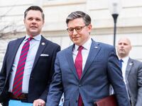 Speaker of the House Mike Johnson, R-La., right, and Rep. Zach Nunn, R-Iowa, leave a news conference with members of the House Republican Conference in Cannon building on Wednesday, March 6, 2024