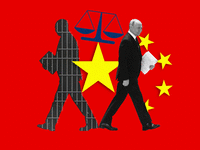 A photo animation of Russian President Putin with the Chinese flag and ICC court justice scales in the background.