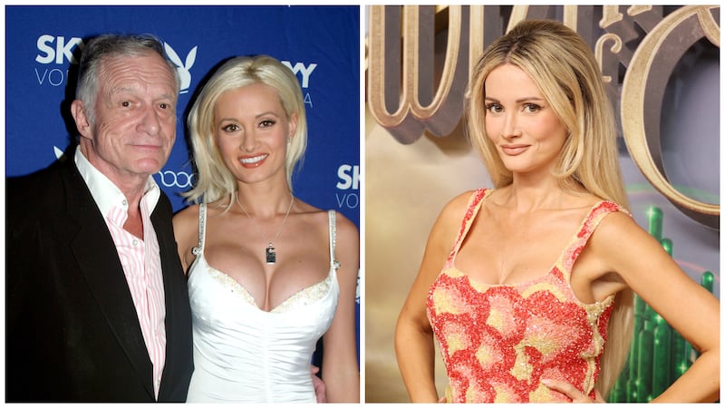 Holly Madison with Hugh Hefner in 2006 and solo in August 2025.