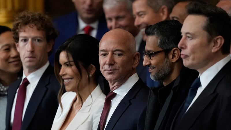 WASHINGTON, DC - JANUARY 20: Guests including Mark Zuckerberg, Lauren Sanchez, Jeff Bezos, Sundar Pichai and Elon Musk attend the Inauguration of Donald J. Trump in the U.S. Capitol Rotunda on January 20, 2025 in Washington, DC. Donald Trump takes office for his second term as the 47th president of the United States. (Photo by Julia Demaree Nikhinson - Pool/Getty Images)