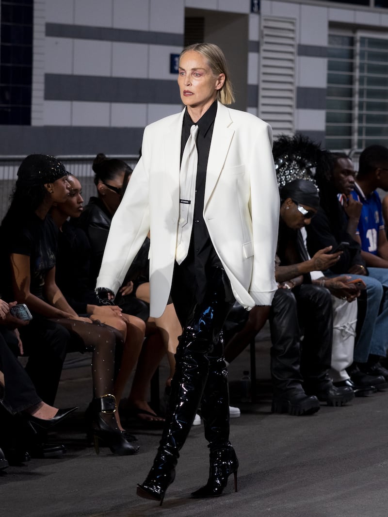 Sharon Stone walks the runway for the first time in 30 years during the Vetements Menswear Spring/Summer 2027 show in 2026.