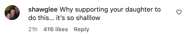 Follower comment about Sophia Umansky's breast lift.