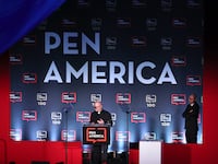 Honoree Salman Rushdie speaks on stage at the 2023 PEN America Literary Gala.