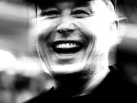 Black and white photograph of Elon Musk