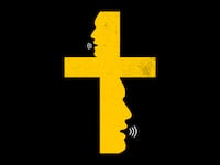 Illustration of a cross with the silhouette of talking faces on either side.