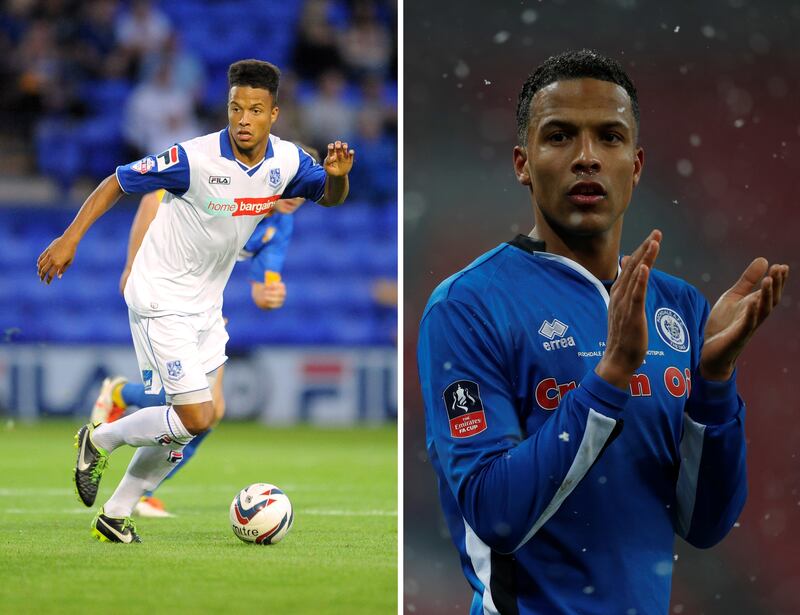 Joe Thompson was a professional soccer player for 13 years. Pictured here in 2013 playing for Tranmere Rovers, and in 2018 playing for Rochdale.