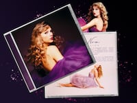 A photo composite of CD album case of Taylor Swift’s re-release of “Speak Now”