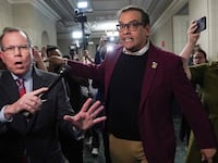 George Santos (R-NY) screams about an anti-war protestor, who said he was a Jewish-American, being a \"terrorist sympathizer\"