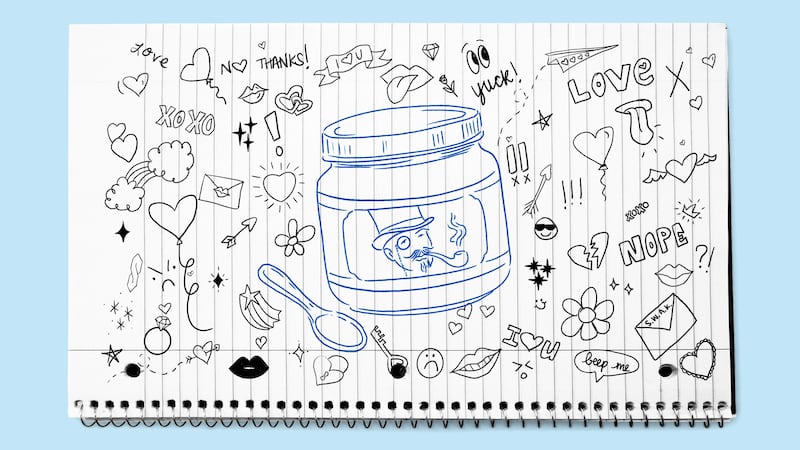 Photo illustration of a lined notebook with high school doodles about love drawn and a bottle of baby food with a rich person drawn on
