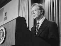 U.S. President Jimmy Carter announces new sanctions against Iran in retaliation for taking U.S. hostages, at the White House, Washington, D.C., U.S., April 7, 1980.