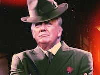 A photo illustration of Donald Trump in a mobster suit.