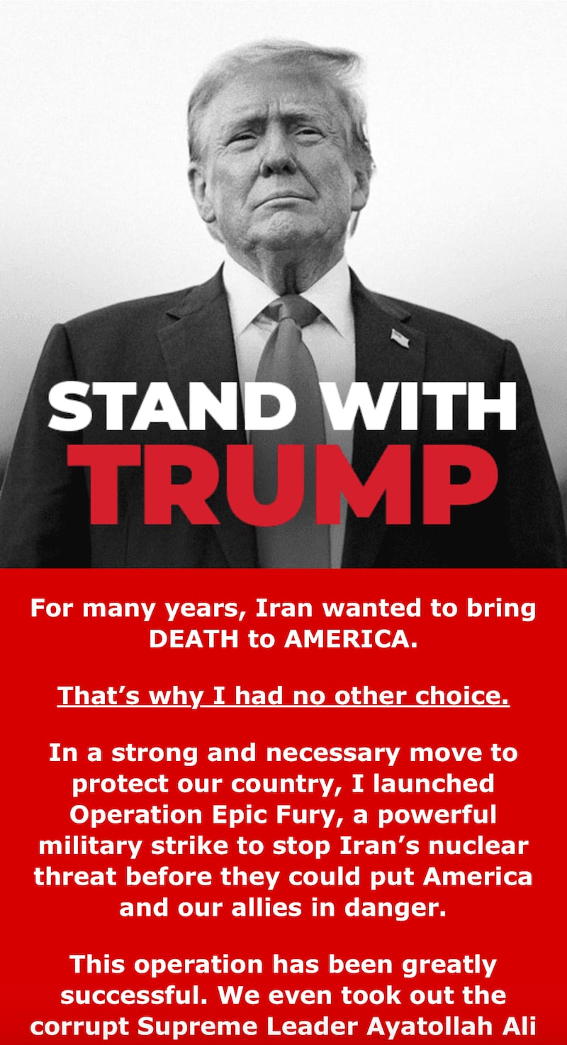 Donald Trump fundraising message US military strikes on Iran to ask for donations from supporters.