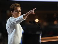 Kari Lake speaks on stage during the second day of the 2024 Republican National Convention in Milwaukee.