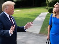 Donald Trump speaks alongside White House Press Secretary Kayleigh McEnany