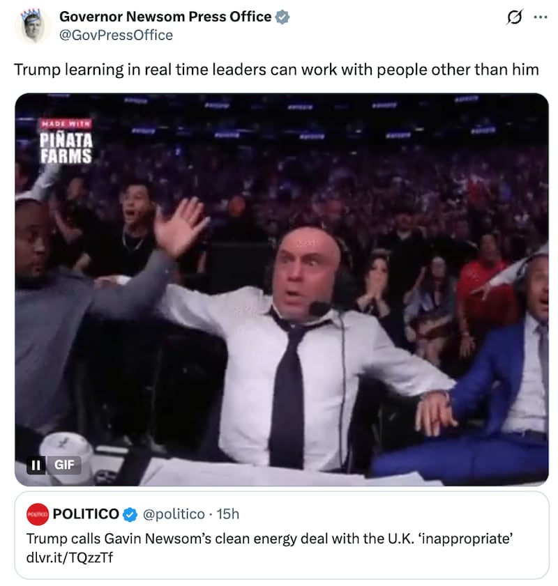 Gov. Newsom Press Office X post about Trump