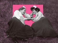 A photo illustration showing two women friends laughing together.